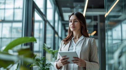 A businesswoman stands in a modern office, holding a tablet and reviewing data