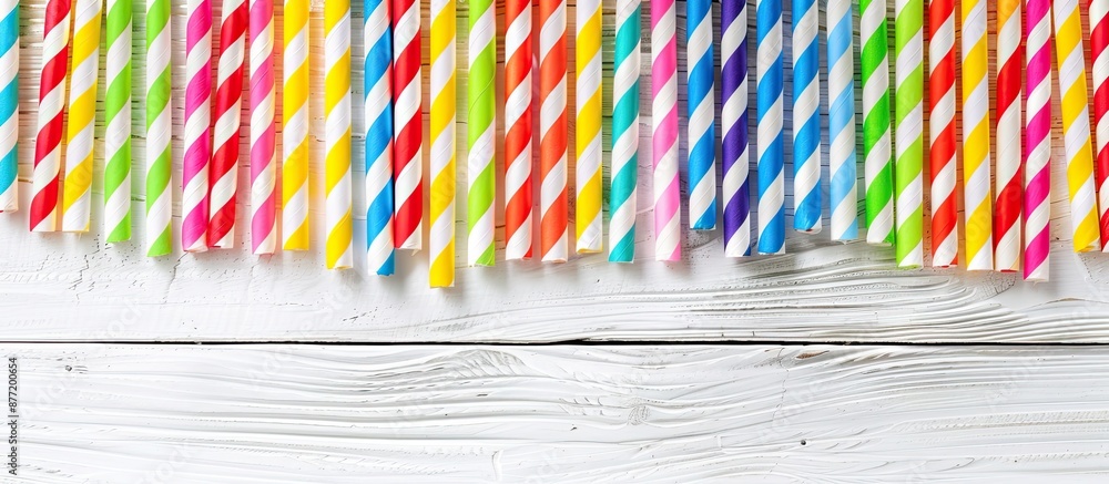 Poster Vibrant paper straws for a party displayed on a white wooden backdrop seen from above with copy space image