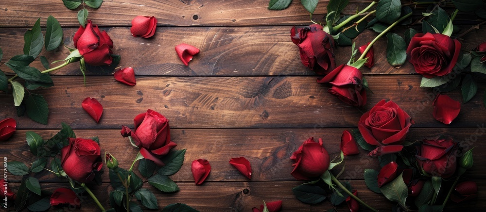 Aufkleber top view image of fresh red roses on a wooden desk providing copy space in a flat lay composition