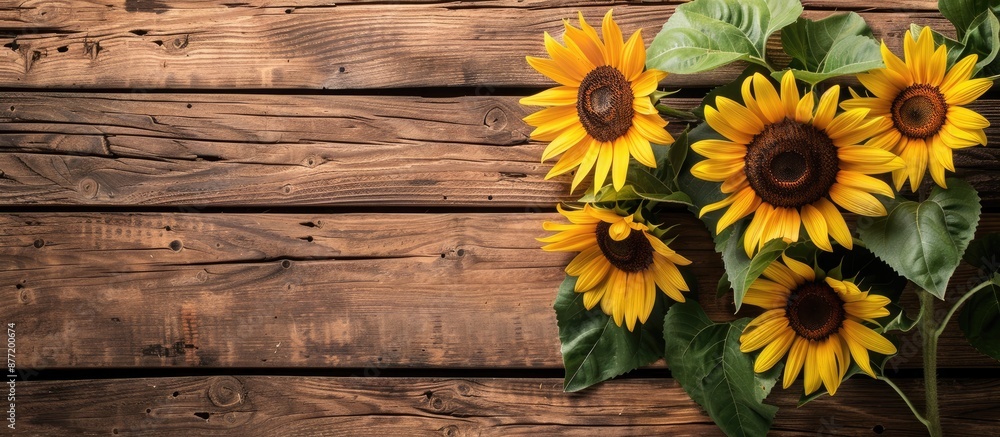 Poster flat lay composition of stunning sunflowers on a rustic wooden backdrop with copy space image availa