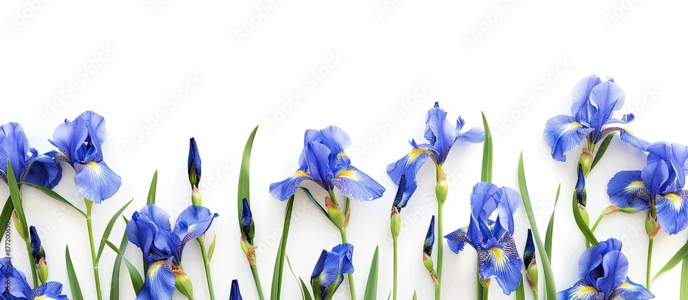 Poster Blue irises in full bloom set on a white backdrop with clipping path for a copy space image