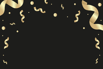 3D Confetti Frame design with blank space. Luxury gold ribbon isolated black backdrop. 3D Celebrate vector aesthetic for social media and web. EPS 10