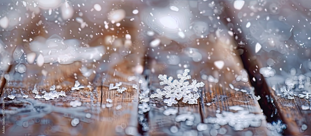 Poster Close up macro shot featuring snowflakes on a vintage wooden backdrop with selected focus ideal as a copy space image