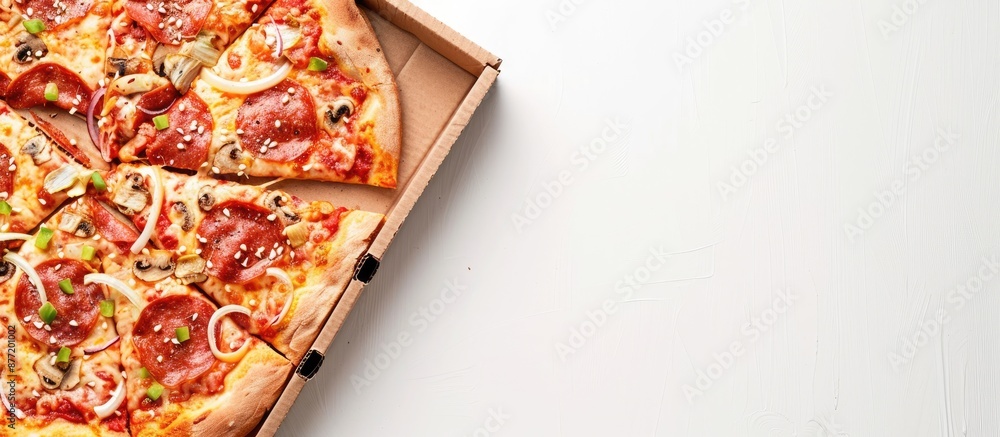 Poster Close up of a pizza box against a white backdrop with ample copy space image