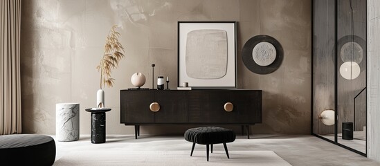 Stylish living room with a retro cabinet black pouf marble pedestals elegant accessories and an abstract background wall Mockup photo frame adds to the minimalistic home decor with copy space image