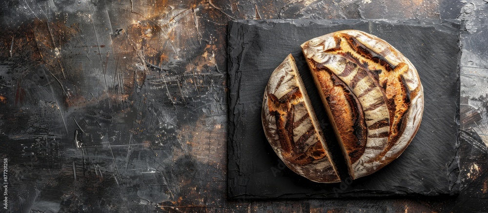 Aufkleber sliced sourdough on black slate with wooden backdrop copy space image