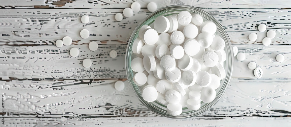 Leinwandbilder sugar coated pills displayed on a glass dish against a white wooden backdrop with space for insertin