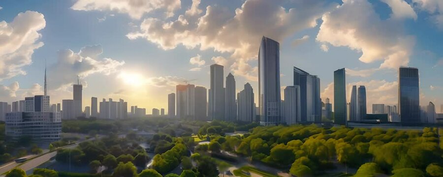 futuristic cityscape with modern skyscrapers and lush greenery, bathed in sunlight. This image represents urban development, sustainability, and the harmony between nature and technology