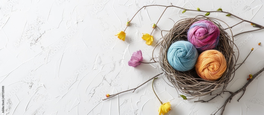 Poster a nest easter decoration featuring yarn balls on a white background with room for a copy space image