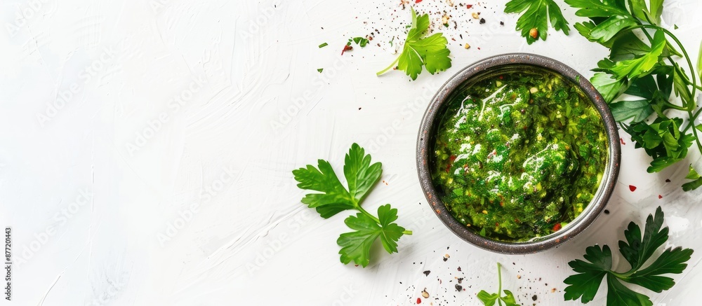 Fototapete chimichurri green sauce with herbs and spices in a jar on a white background with space for text. wi