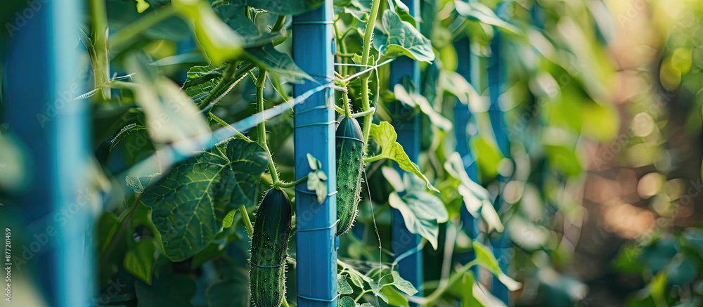 Aufkleber selective focus on cucumber plant tied to blue trellis in a close up copy space image