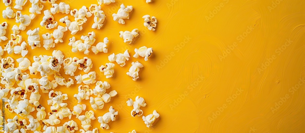 Leinwandbilder Top view of popcorn mockup on yellow background with space for text or image insertion. with copy space image. Place for adding text or design