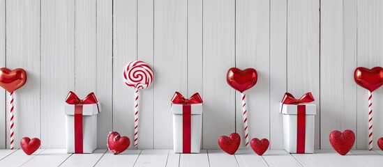 Chic wedding backdrop with white gift boxes tied in red bows and heart shaped lollipops on a white wooden surface perfect for a copy space image