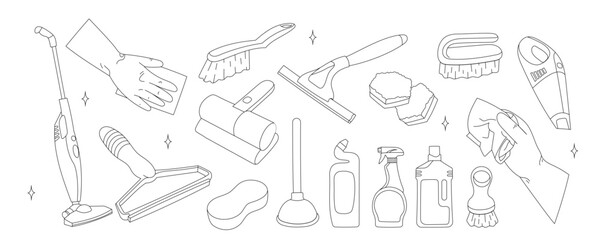 Cleaning supplies set in line art and doodle style. Home chemical detergent in bottles, household tools, equipment. Brush, mop and gloves, housework accessories. Graphic vector illustrations isolated