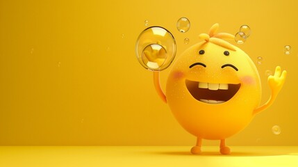 A playful emoji cartoon character with a mischievous smile, blowing bubbles and waving goodbye on a yellow solid background