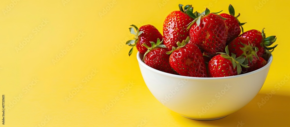 Poster Red strawberries placed in a porcelain bowl with a vibrant yellow background for a copy space image showcasing their juicy and appealing nature