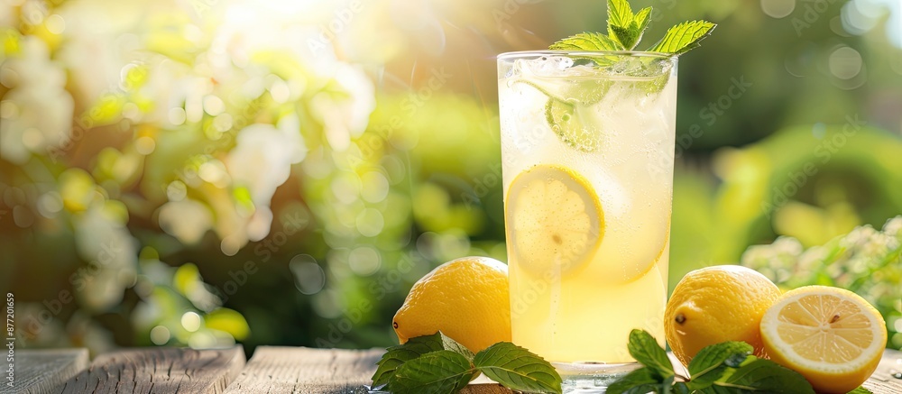 Poster a refreshing glass of homemade lemonade garnished with lemon slices and fresh mint leaves sits on an