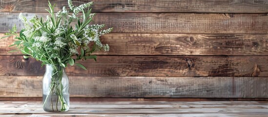 A modern dry herb arrangement in a glass vase on a wooden background in Scandinavian style suitable for art deco or boho aesthetics a great gift idea for various occasions Includes copy space image