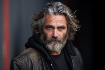 Obraz premium Portrait of a handsome mature man with long gray hair and beard in a black leather jacket