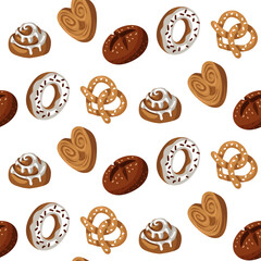Pattern of colored baking drawings, a natural illustration. Natural color scheme. Delicious sweet pastries made from different types of dough are chaotic. Suitable for baking in cafes, bakeries. Sugar