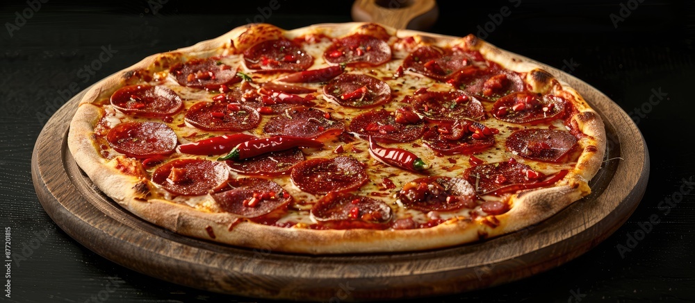 Aufkleber an authentic italian dish featuring a pepperoni pizza garnished with salami slices and red chili pep