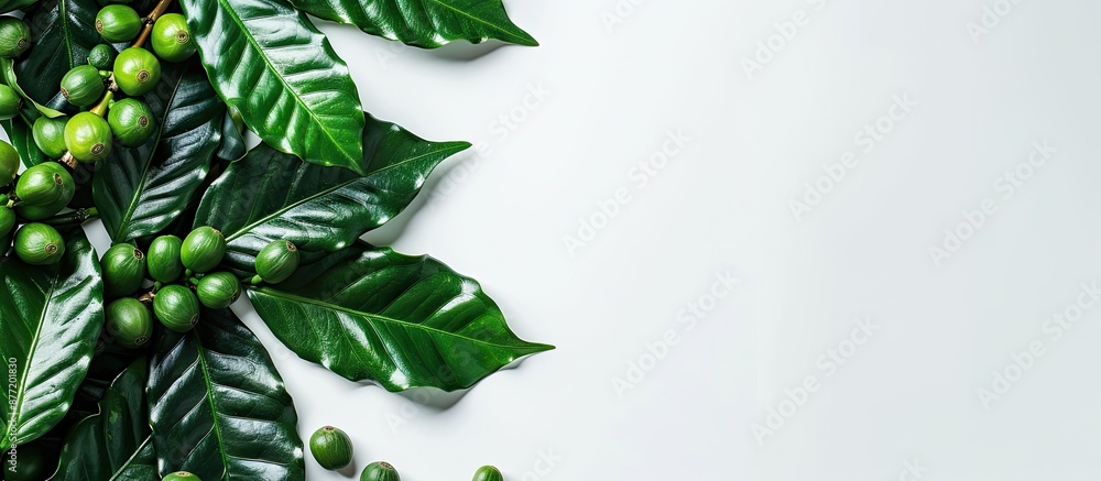 Poster top view of green coffee leaves and beans on white backdrop with copy space image