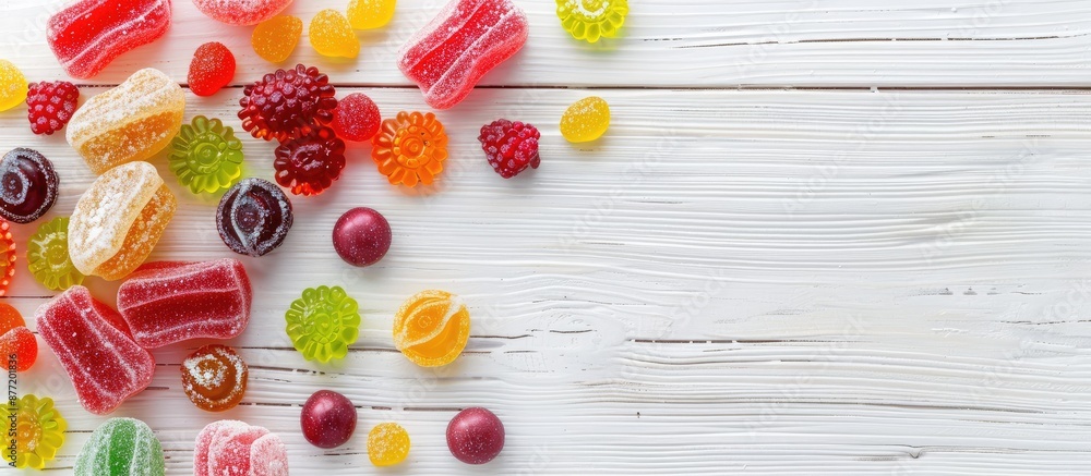 Aufkleber Top down view of a variety of candies displayed on a white wooden background offering ample copy space for additional text or images