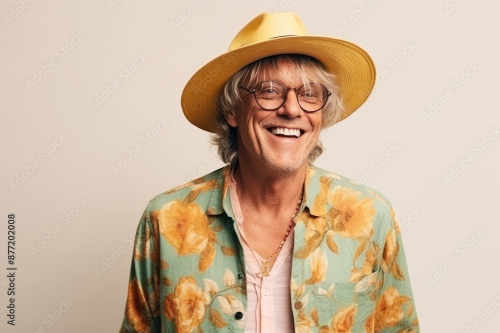 Wall mural Portrait of a happy senior man in hat and glasses smiling at camera.