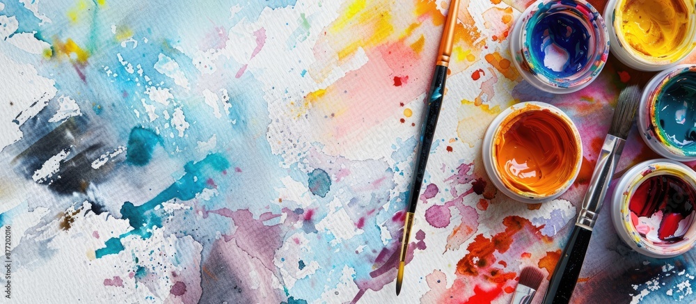 Poster Artistic tools like watercolor paints and brushes are set up as a workspace for an artist to create a mock up with copy space image