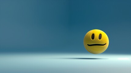 A single yellow sad emoji soft toy smile ball floating against a serene blue gradient background, casting a soft shadow below.