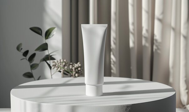 Un tubo bianco di crema su tavolo rotondo, ideale per promozioni di prodotti cosmetici ed estetici.