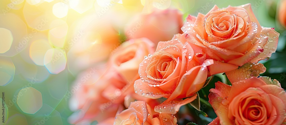 Poster beautiful roses with a natural blur background and copy space image showcasing their freshness water