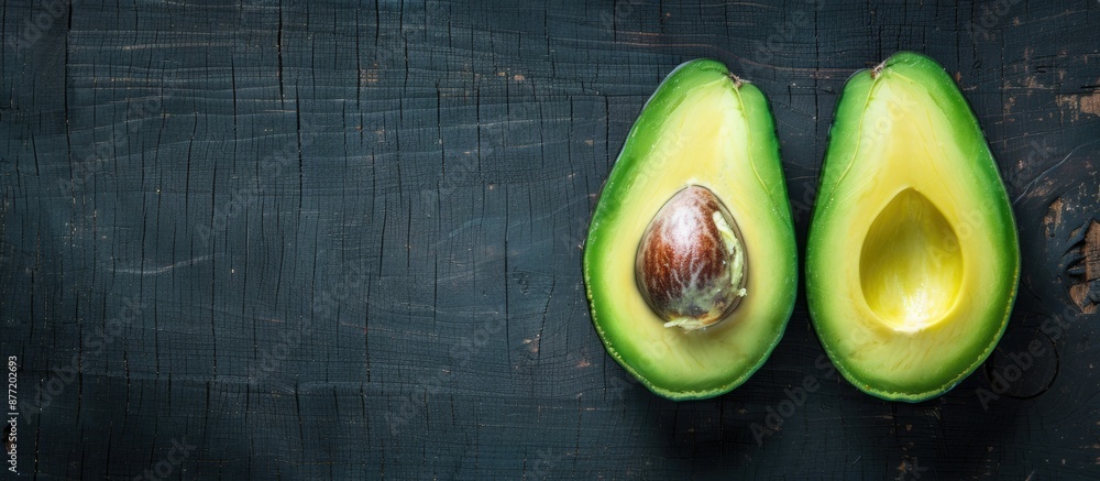 Poster a vibrant ripe avocado cut in half displayed on a dark wooden surface from a top view with space for