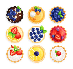 Set of different tarts, open pastry pies and cake with fresh berries.
Healthy dessert, breakfast. Isolated on white background, top view. Semirealistic vector dessert icons set