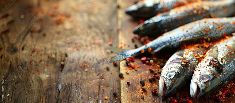 Poster Fish placed on a wooden table with copy space image showing herring covered in spices at a fish salting station