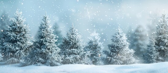 Fototapeta premium Winter wonderland Christmas scene with frosted fir trees in a snowy landscape leaving room for text or graphics in a copy space image