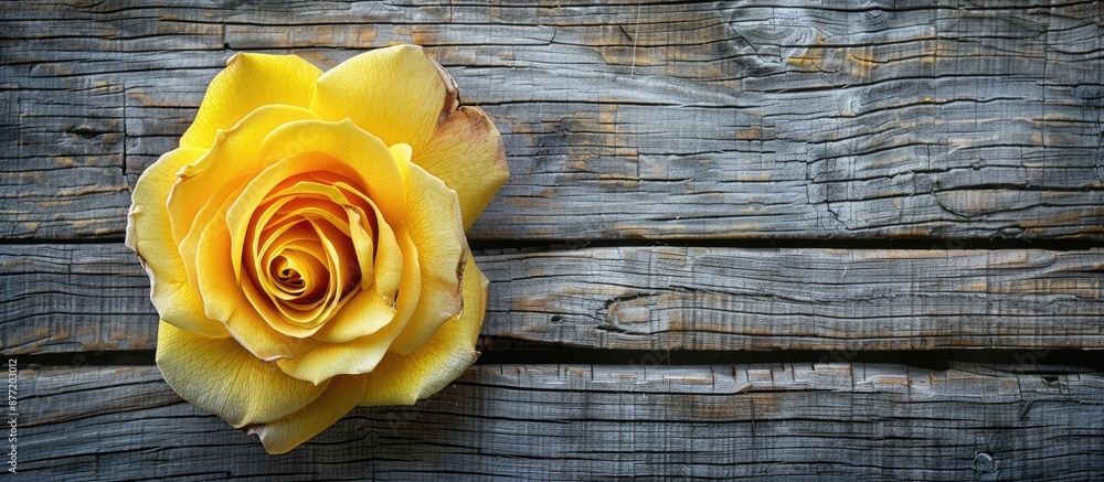 Poster A luxurious yellow rose with delicate petals on a rustic wooden background viewed from the top creating ample space for additional images