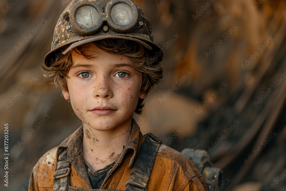 Sticker AI generated photo of small cute adorable pretty child work as a miner