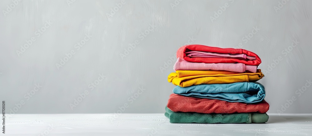 Aufkleber colorful clothes stack on white table with empty copy space image