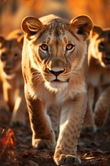 Naklejka premium Female Lion walking along with his puppies, generative IA