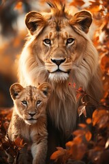 Fototapeta premium Male lions in a shrub field with blurred background, generative IA