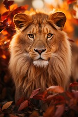 Fototapeta premium Male lions in a shrub field with blurred background, generative IA