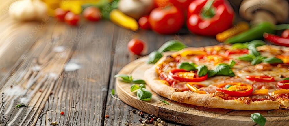 Aufkleber Pizza with peppers is displayed on a wooden table with copy space image