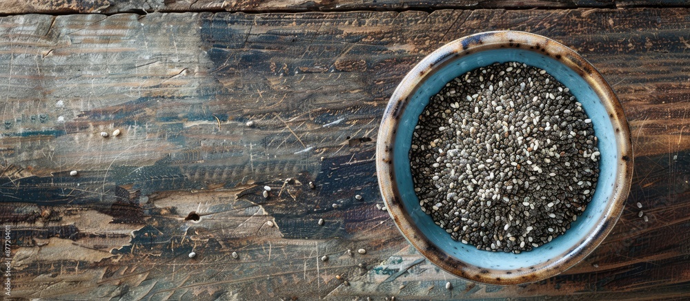 Leinwandbilder Chia seeds in a bowl displayed on a wooden surface with a blank area for additional content copy space image