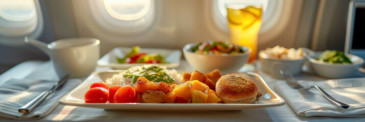 First class plane food, tasty dishes in the air, rich and luxurious trip.