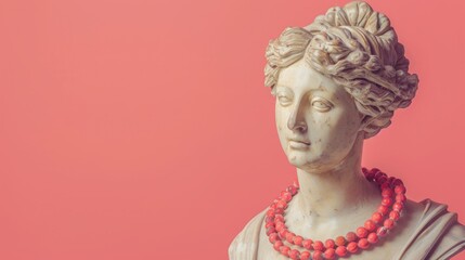 Antique statue of woman in red necklace on pink backdrop symbolizing femininity creativity modernity vintage art inspiration and imagination