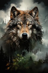 Fototapeta premium Monochrome wolf and isolated forests on the white northern background predator, generative IA