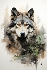 Monochrome wolf and isolated forests on the white northern background predator, generative IA