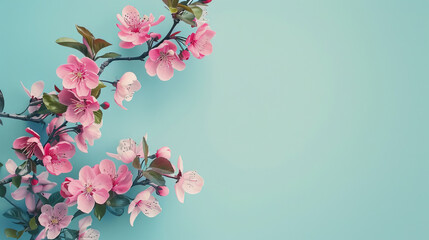 Naklejka premium beautiful pink spring flowers on soft blue background. wide copy space. empty spae for text