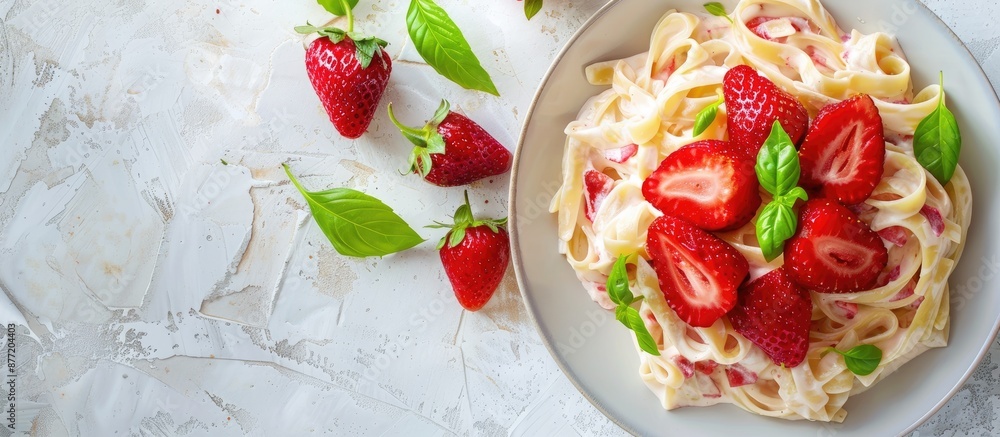 Aufkleber high quality photo of pasta with strawberry cream fresh strawberries and basil with copy space image
